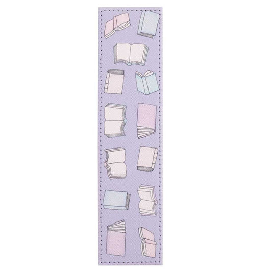 Bookmark with illustrations of books on a light purple background