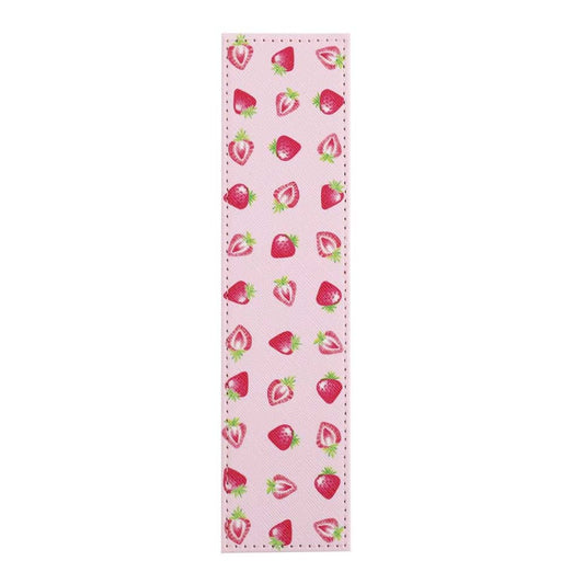 Pink bookmark with strawberry pattern on a white background