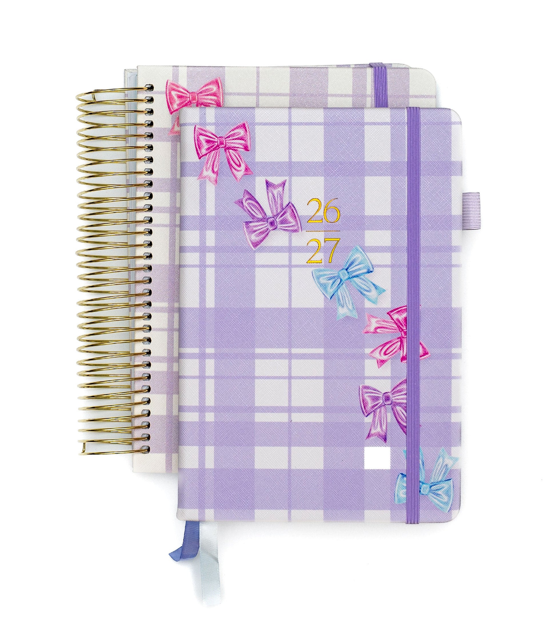 Plaid notebook with colorful bow designs on a white background