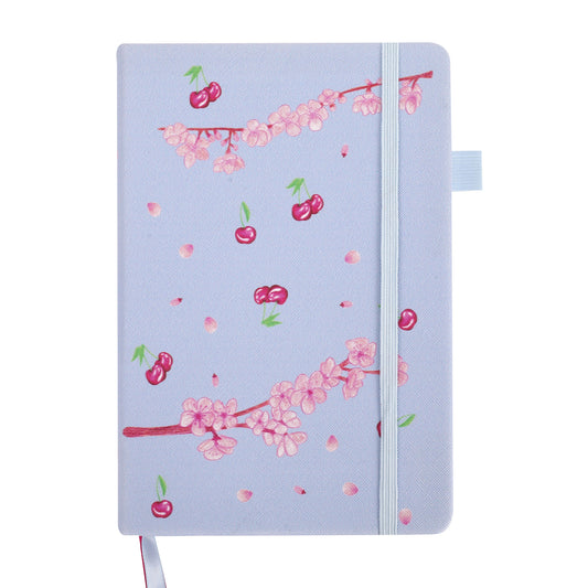 Notebook with cherry blossom and cherry design on a light blue background