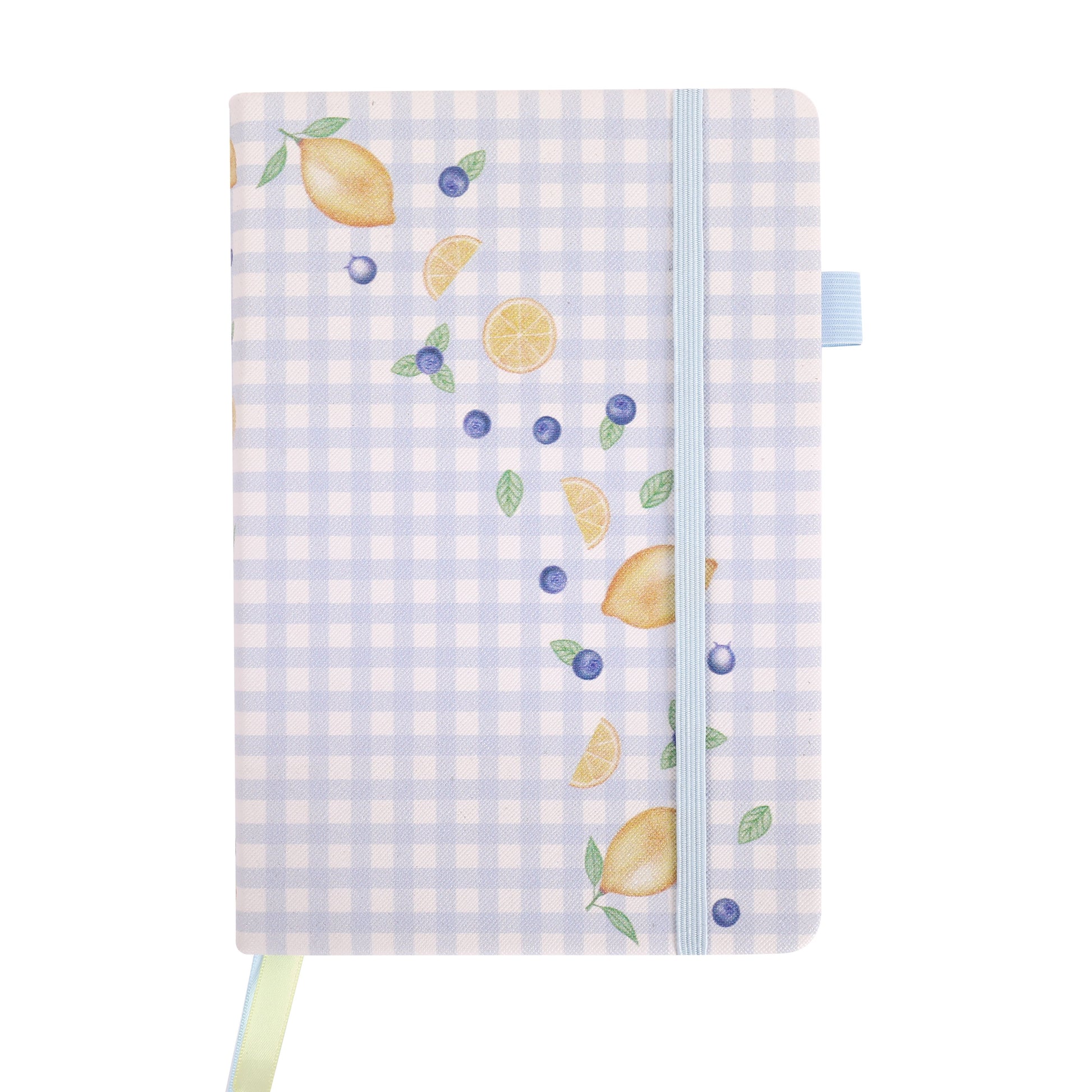 Notebook with blue checkered pattern and lemon design on a white background
