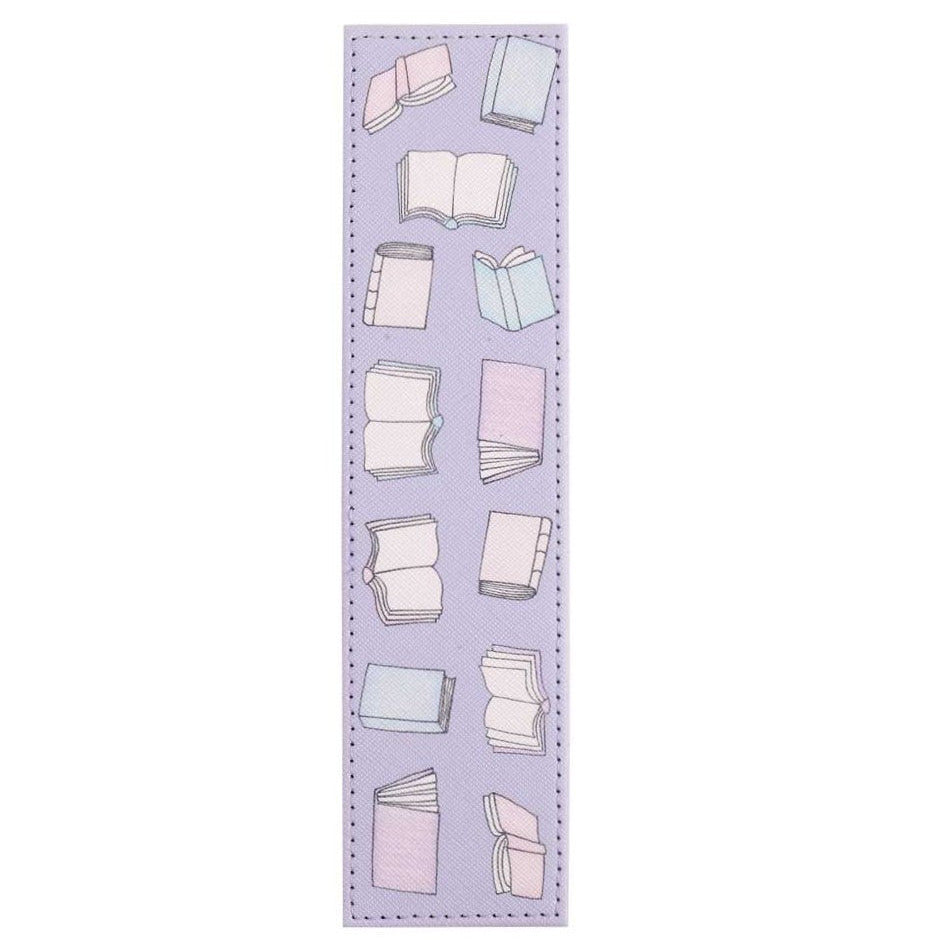 Bookmark with illustrations of books on a light purple background