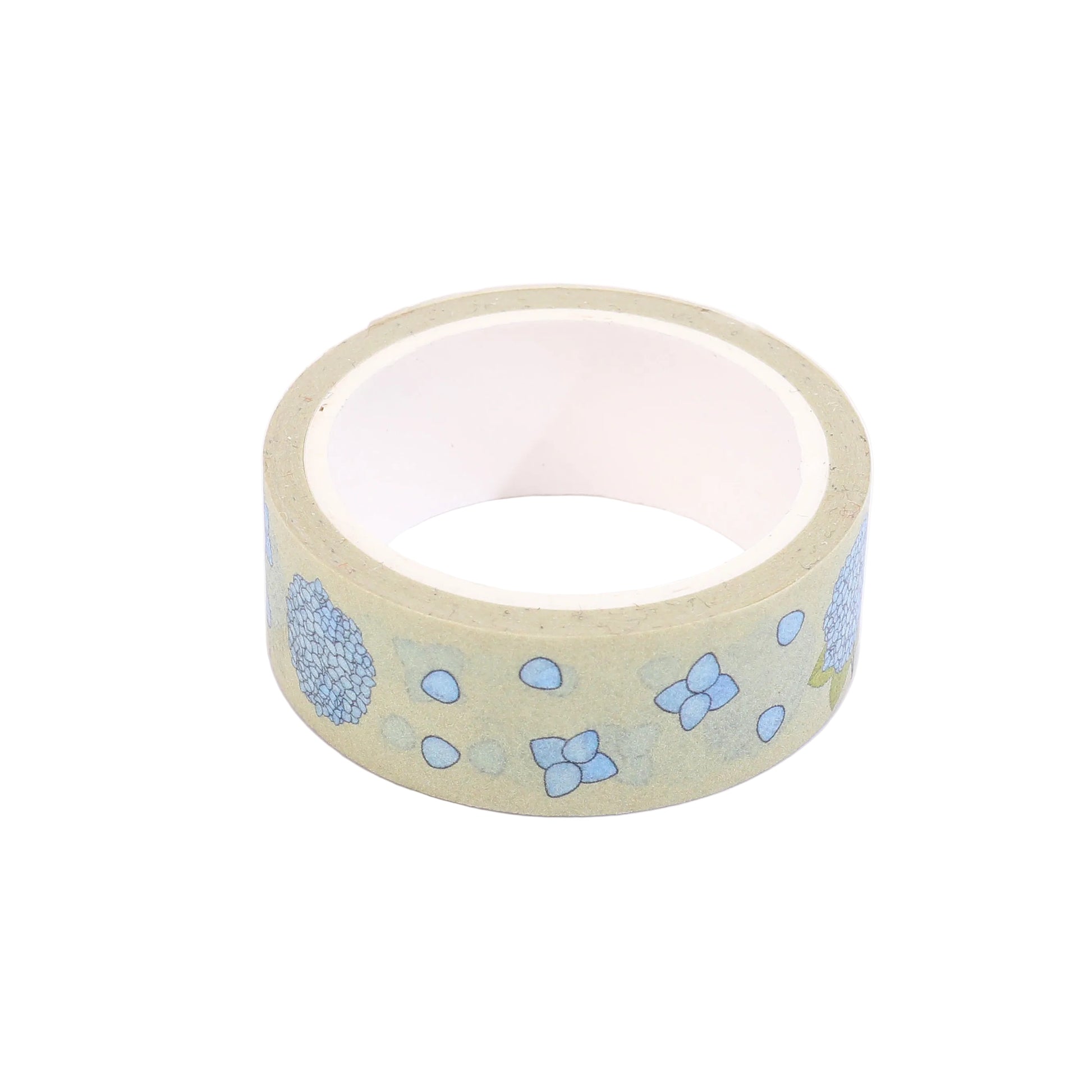 Roll of decorative tape with blue floral patterns on a white background