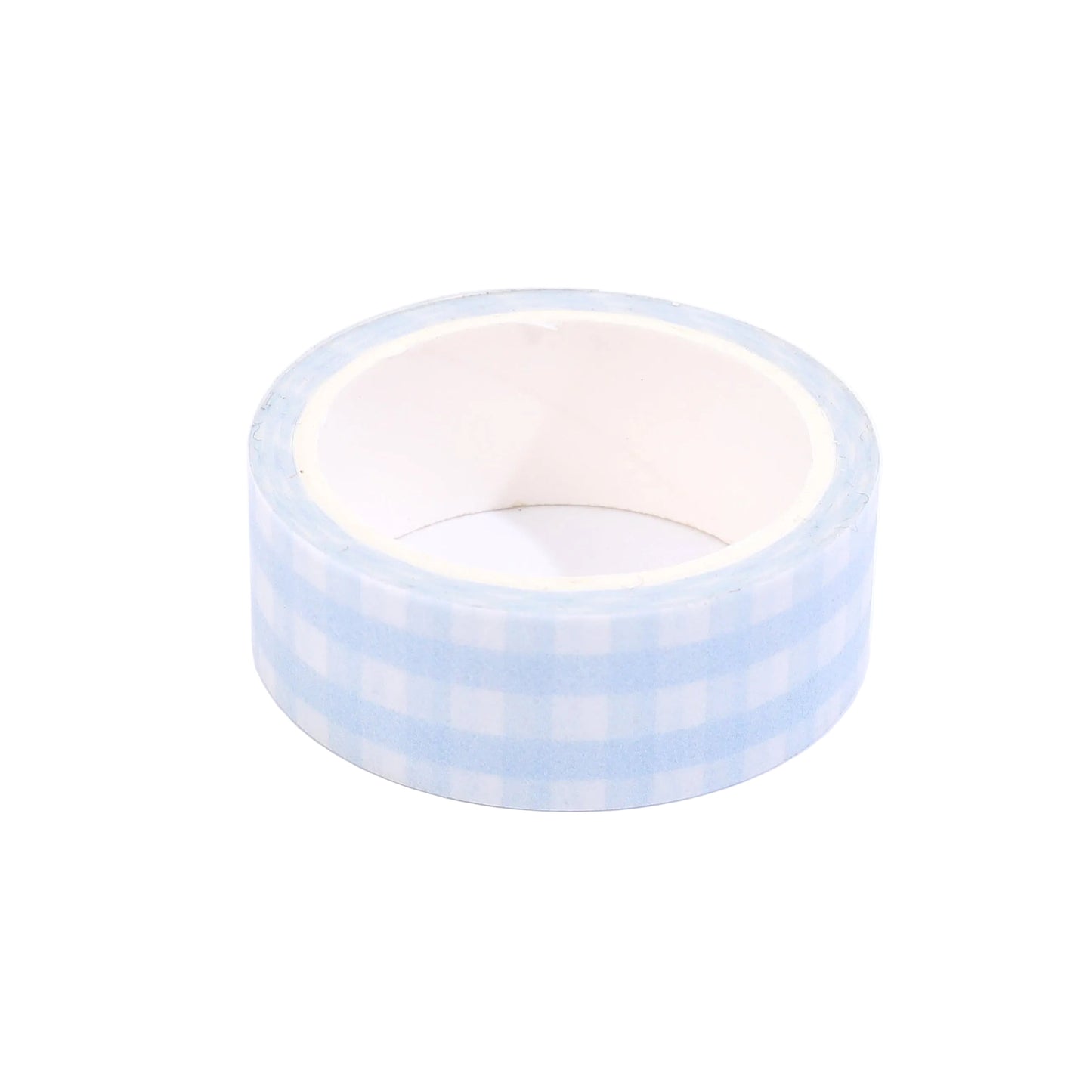 Roll of light blue washi tape on a white background