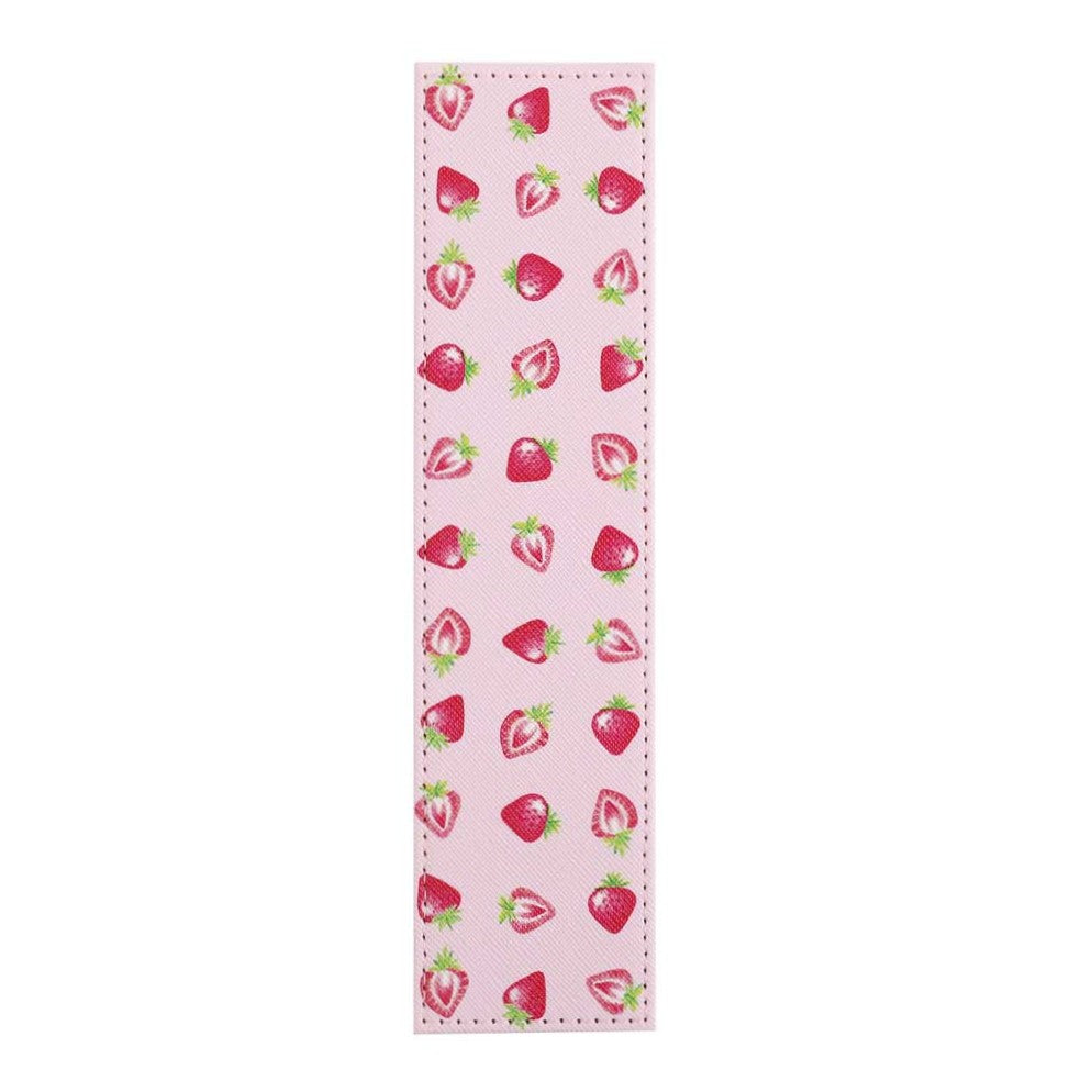 Pink bookmark with strawberry pattern on a white background