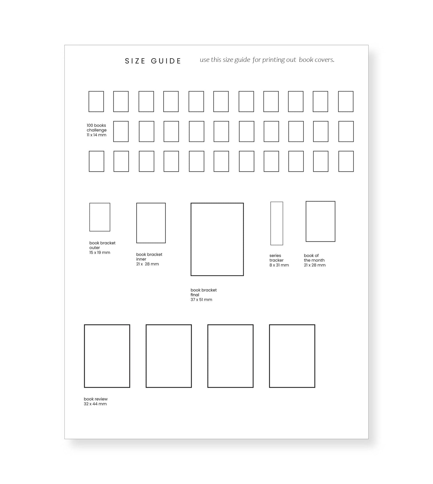 Book Size Guide/Template for Book Journal - Printable